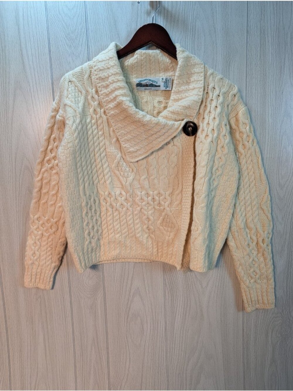 Vintage 70s Aran Crafts Irish Merino Wool Collared Sweater Wounded Medium Wrap